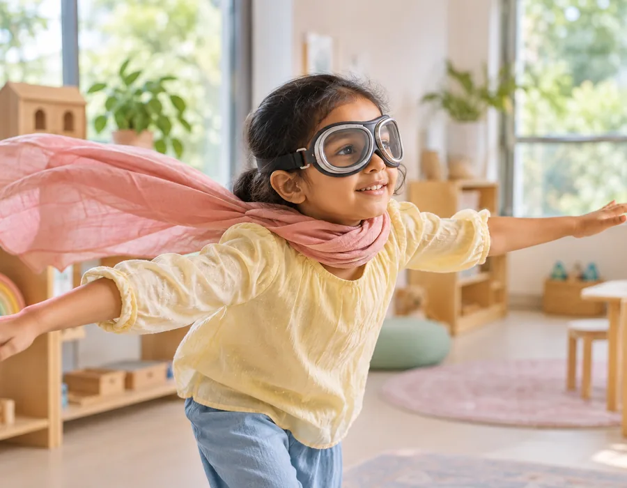 A child in dress-up play, pretending to fly