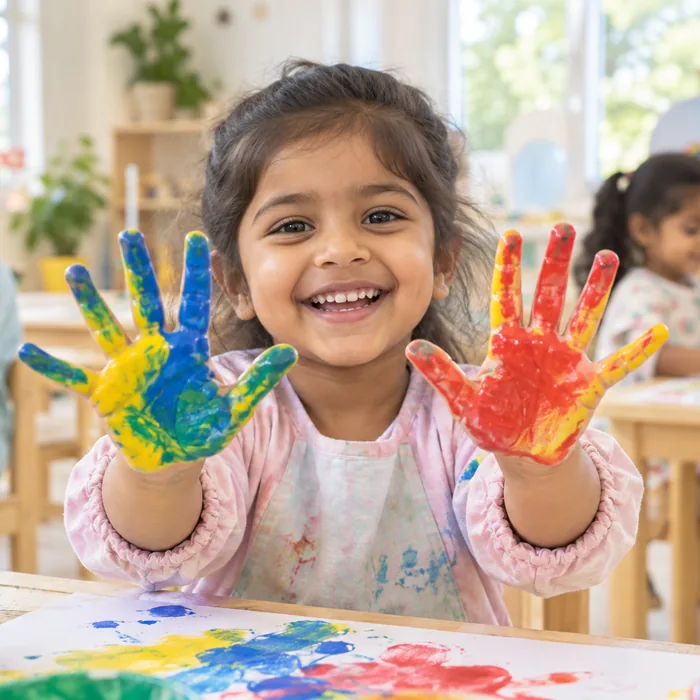 A child holding up paint-covered hands