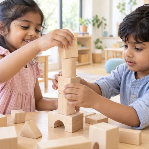 Two children building a block tower