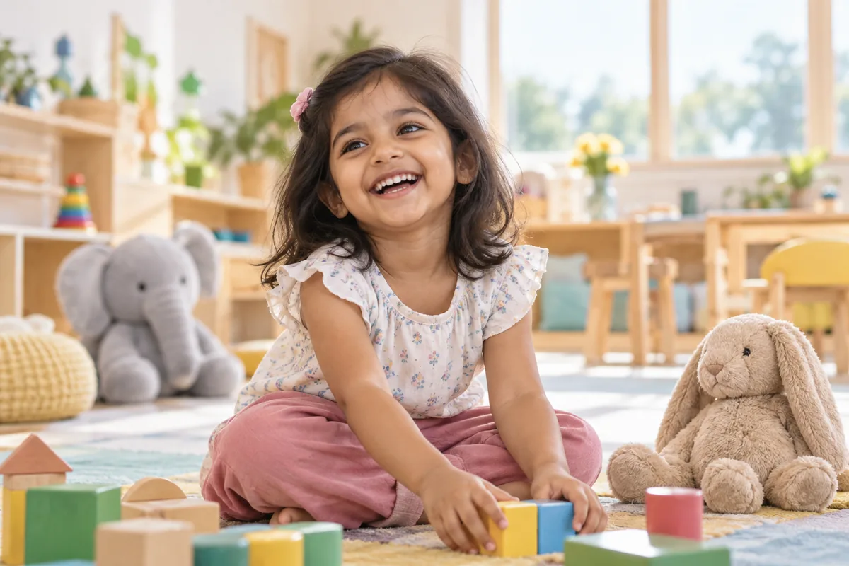 A child laughing while playing with wooden blocks in a bright playroom