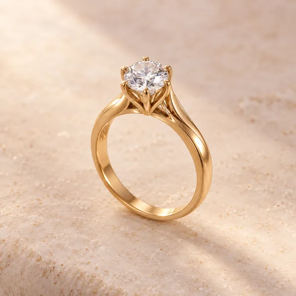 A gold band ring set with a single white stone