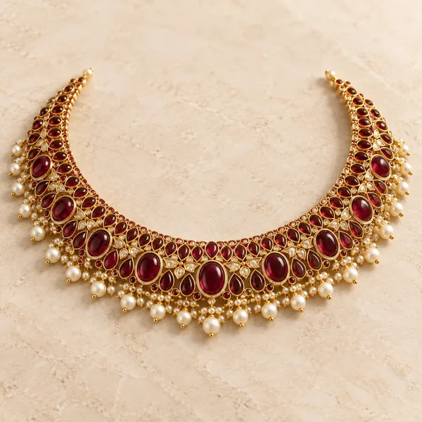 A bridal collar necklace with deep red stones