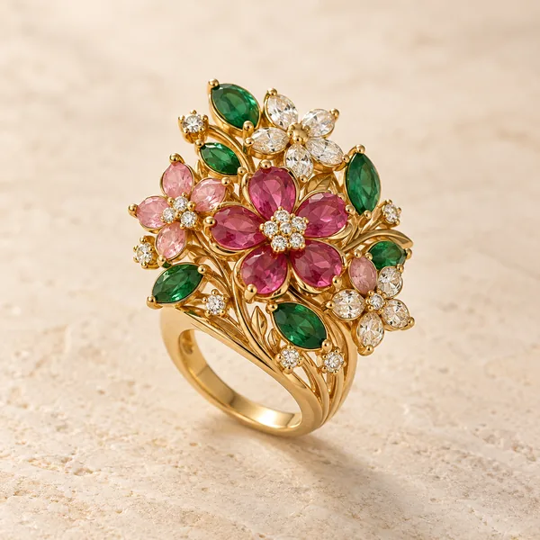 A floral cluster ring with coloured stones