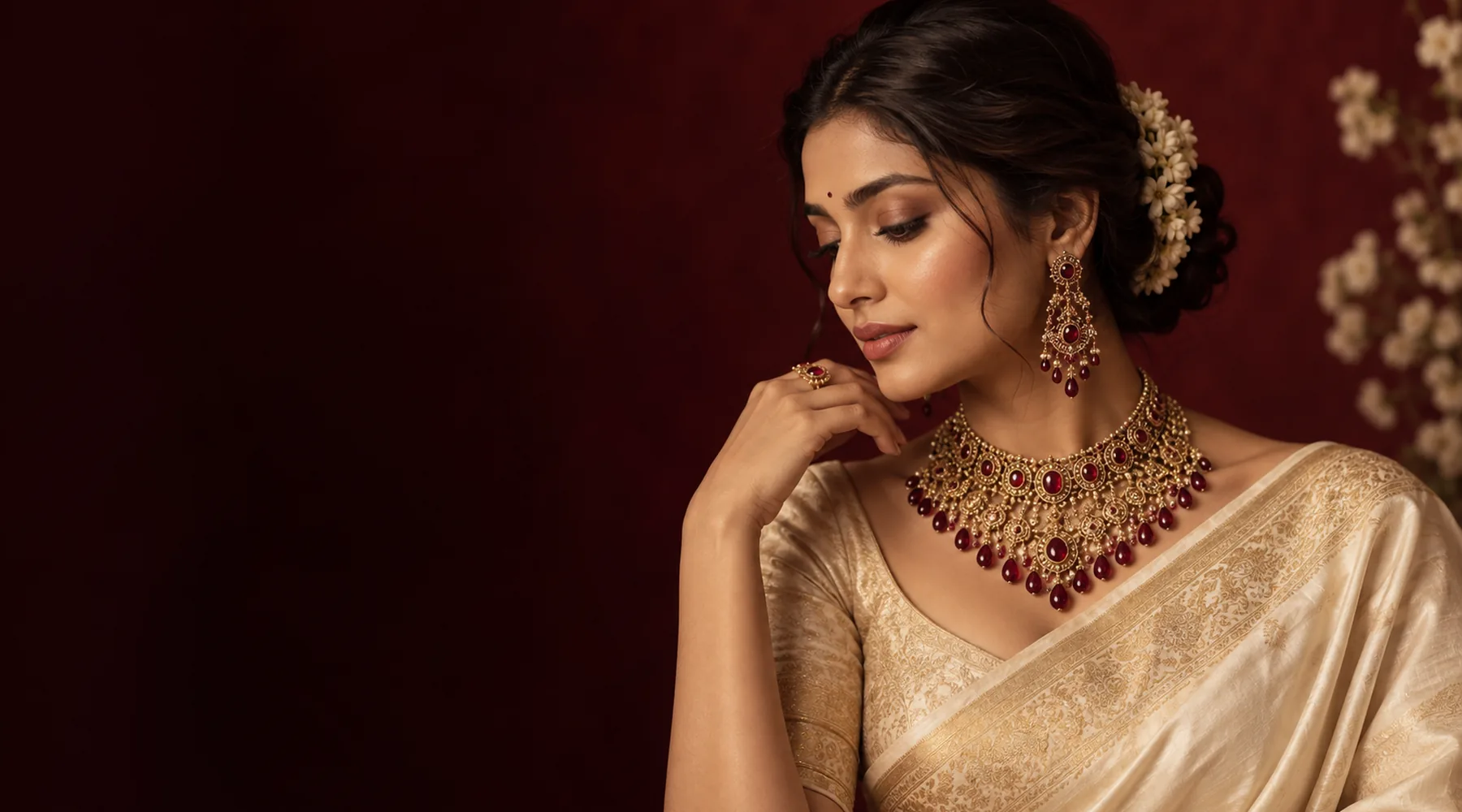 A woman wearing a gold bridal collar necklace set with red stones