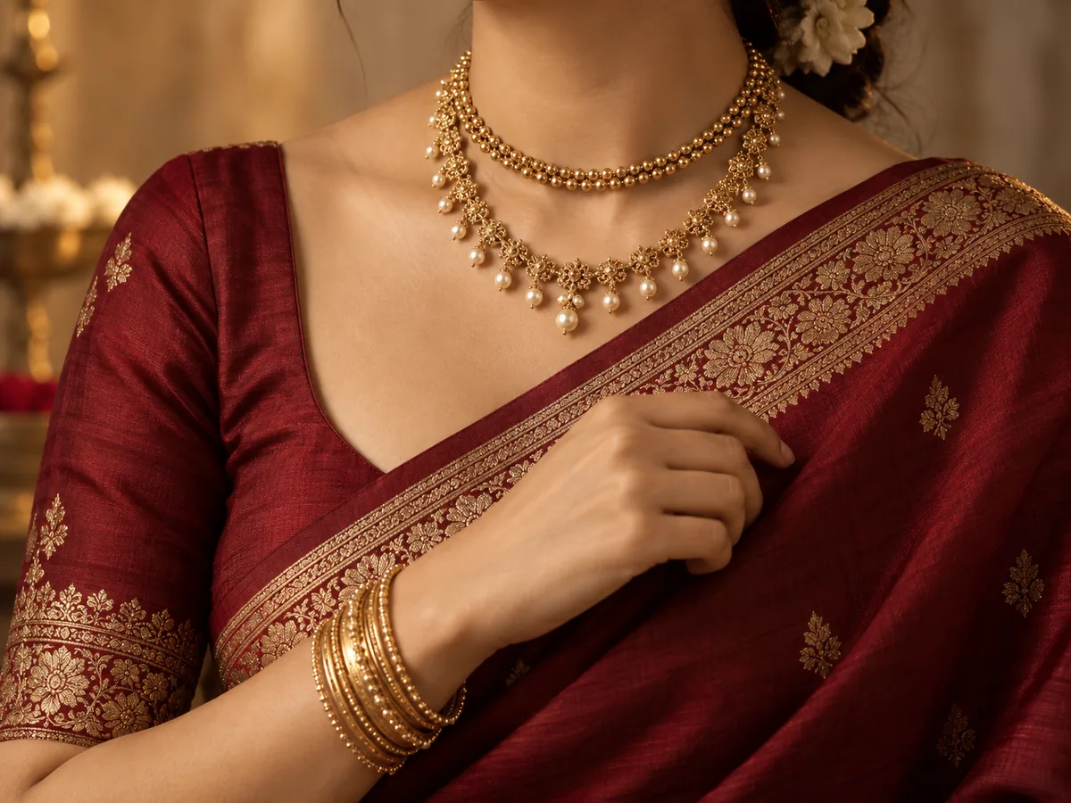 A layered gold necklace with pearl drops worn over a deep red silk drape
