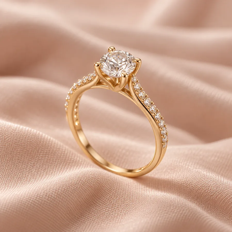 A gold solitaire ring on blush silk