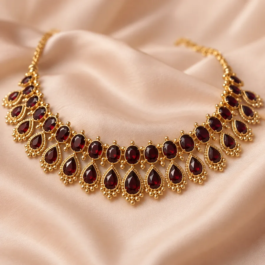 A gold collar necklace set with deep red stones