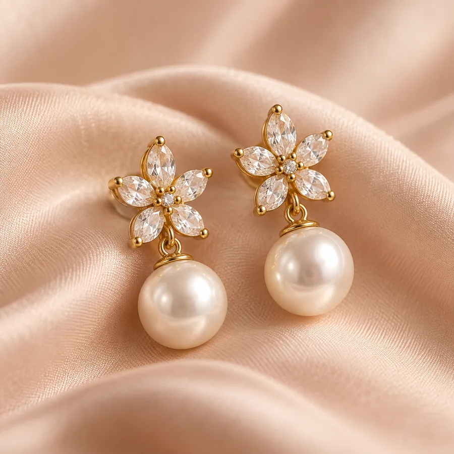 Gold earrings with white stones above round pearls