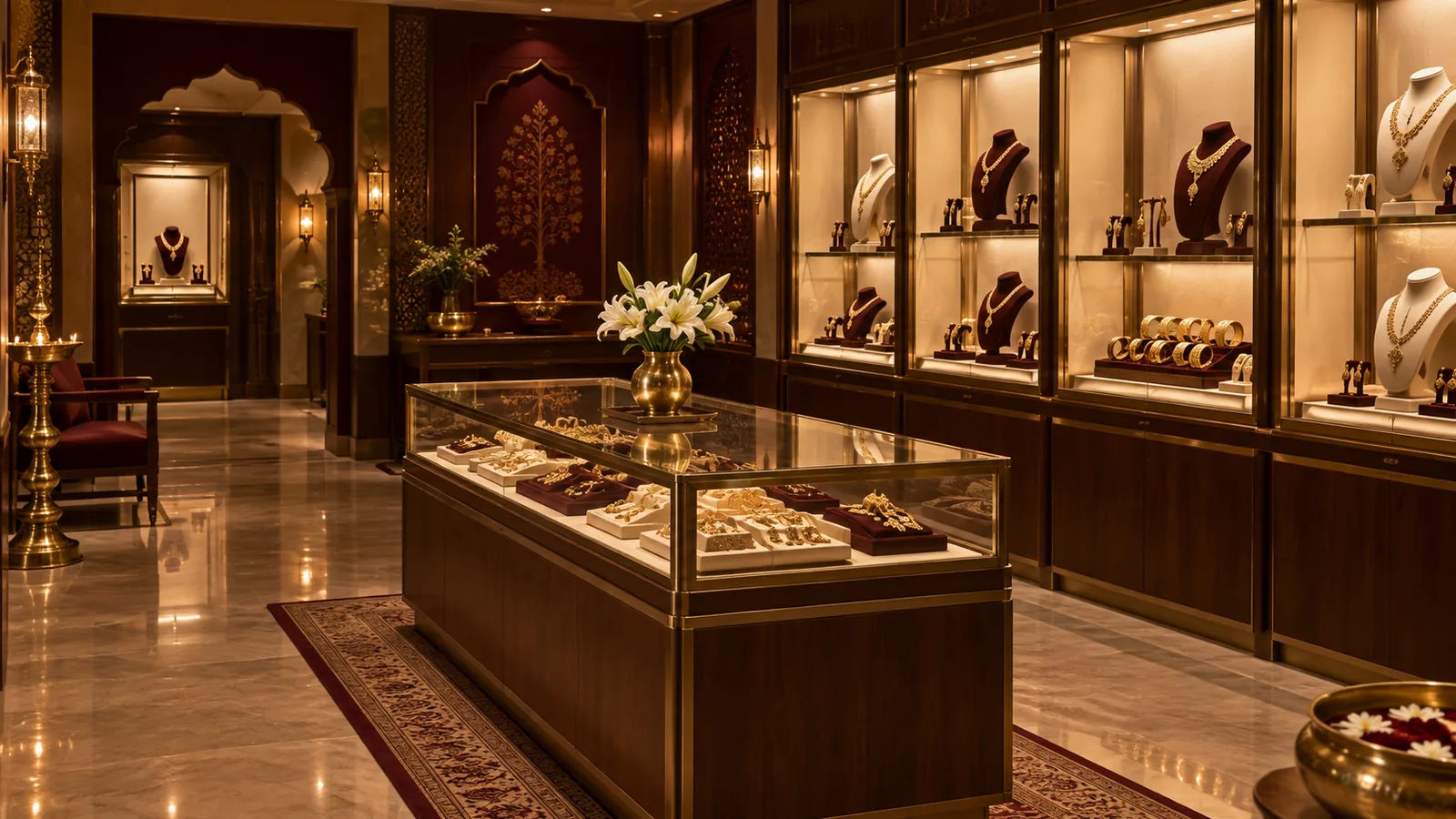 The interior of a jewellery showroom with lit display cases