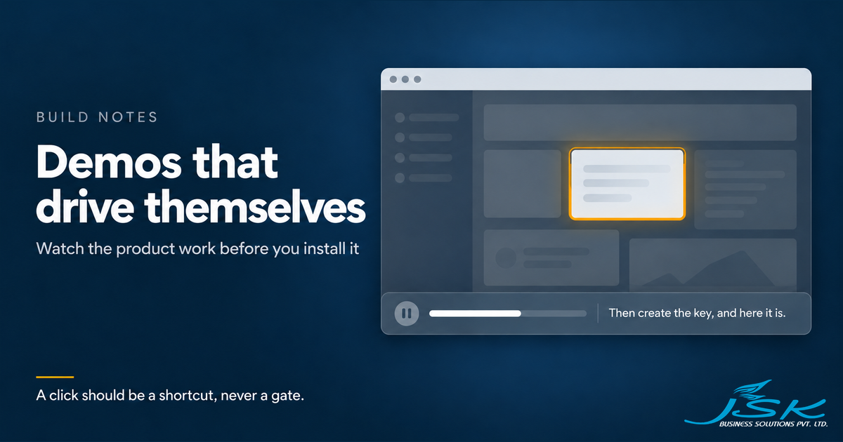 A window with most of the page dimmed and one block spotlit, a caption bar along the bottom reading "Then create the key, and here it is.", beside the title Demos that drive themselves.